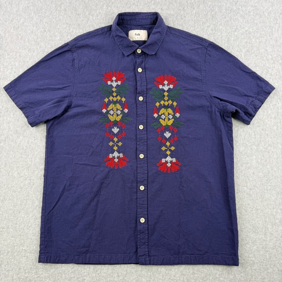 Folk Other - Folk Clothing Shirt Mens Medium Blue Linen Blend Short Sleeve Embroidered Resort